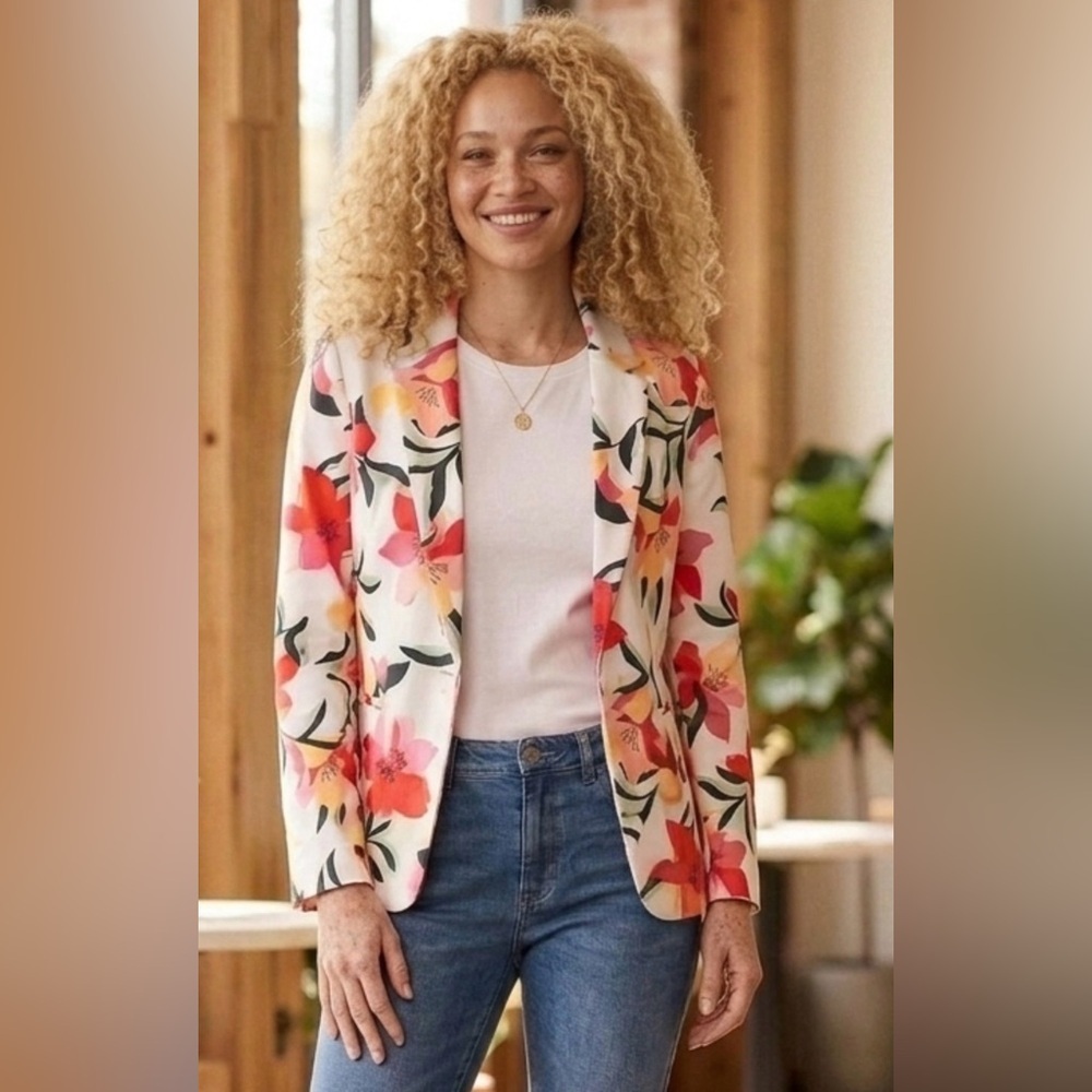 Liz Claiborne Women’s Sz 4 Floral Blazer Button Front Pink Red White Maximalist - Picture 2 of 10
